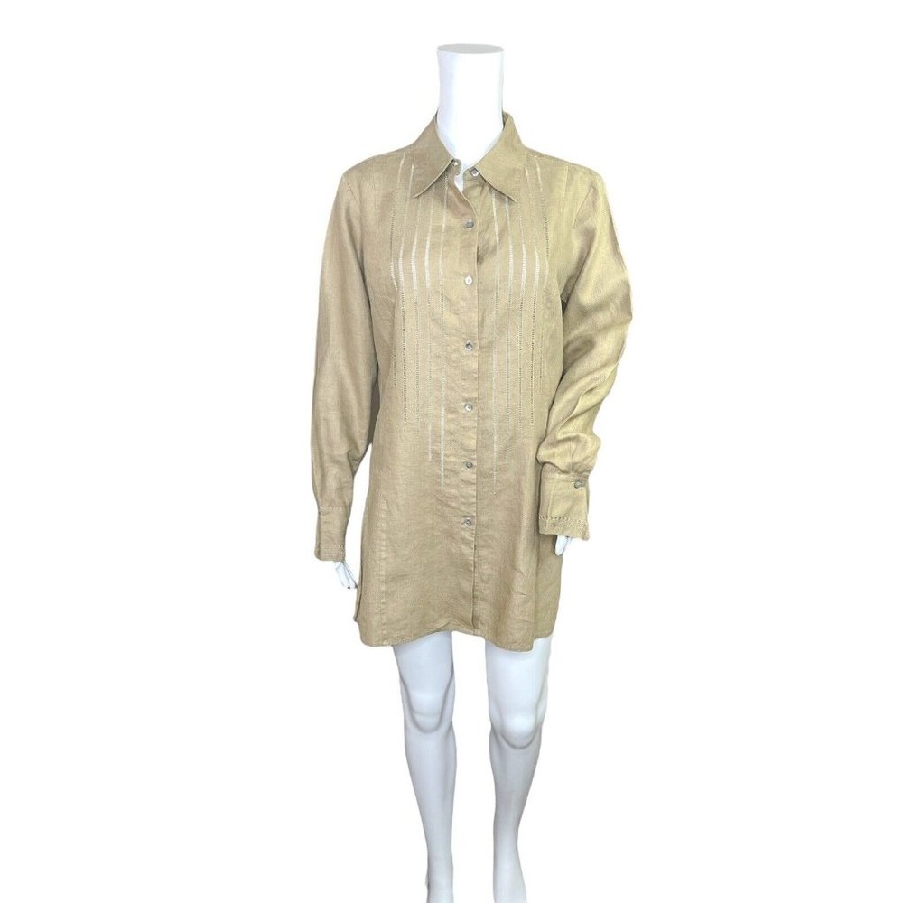 Valerie Stevens Brown Linen Long Sleeve Button Front Tunic Top Size Medium